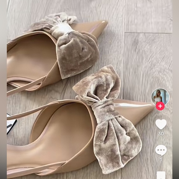 Zara Patent Pointed toe Flat Slingback Shoes Velvet Bow Tan 6.5 37 NWT - Picture 10 of 15